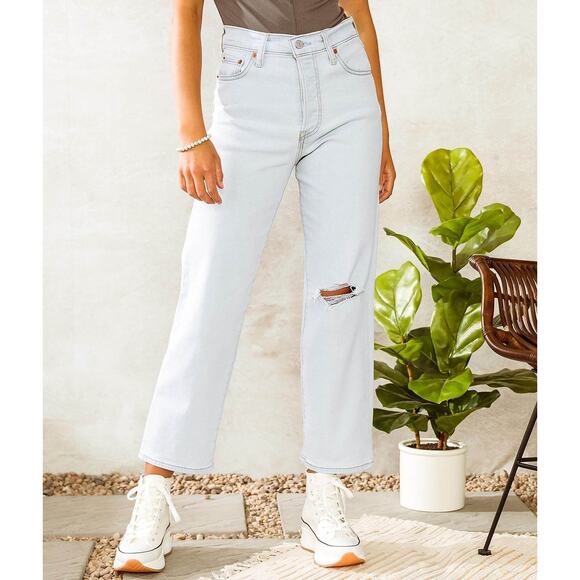 Levis Ribcage Straight Ankle Jeans Summer Space Ripple Medium Wash Blue Women - Picture 1 of 8